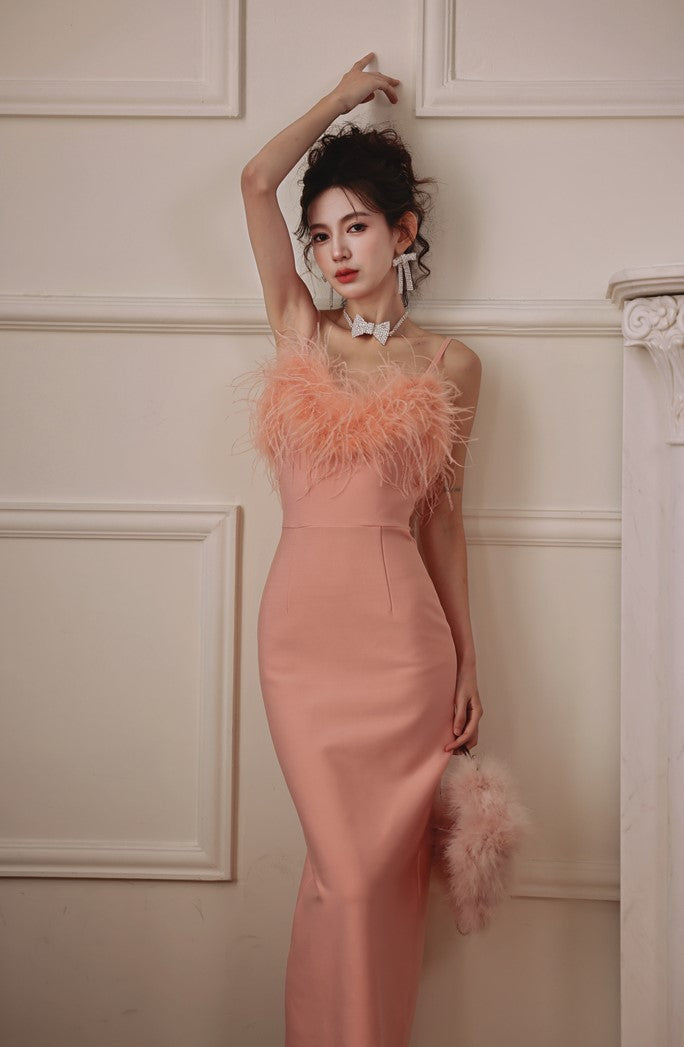 Dolly Luxury Peach Pink Feather Tube Top Long Dinner Date Dress-VERO XL / Peach Dolly Luxury Peach Pink Feather Tube Top Long Dinner Date Dress-VERO XL / Peach