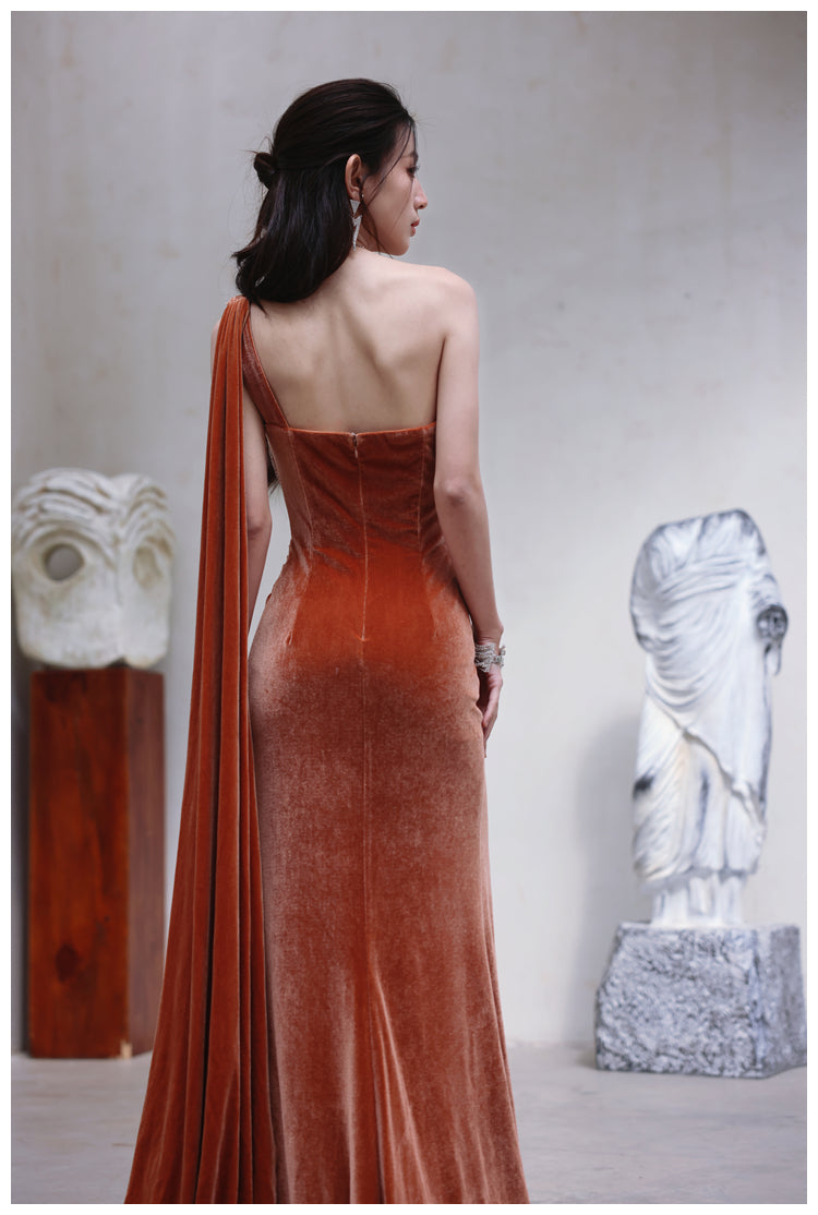 DOLLY Luxury Brown Velvet Greek Style Long Slit Banquet Dress-KARA