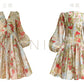 Aconiconi Elegant French Floral Print V-Neck Lantern Sleeve short Dress- Hanano Hatsugaki