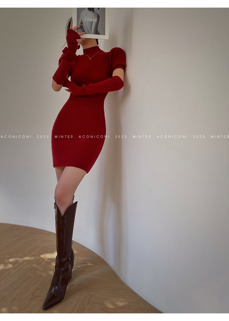 Cream milk red knitted puff sleeve sweater dress-  Mousse Milk Puff