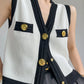 Huanzi custom V-neck knitting sleeveless blakc abd white top - Chiae