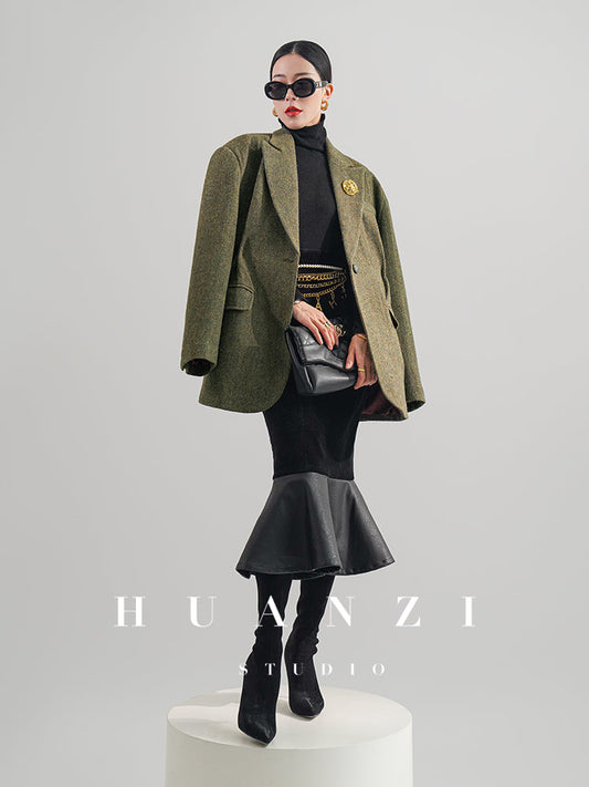 Huanzi high-end retro autumn and winter 100% wool waist suit jacket - Cassie