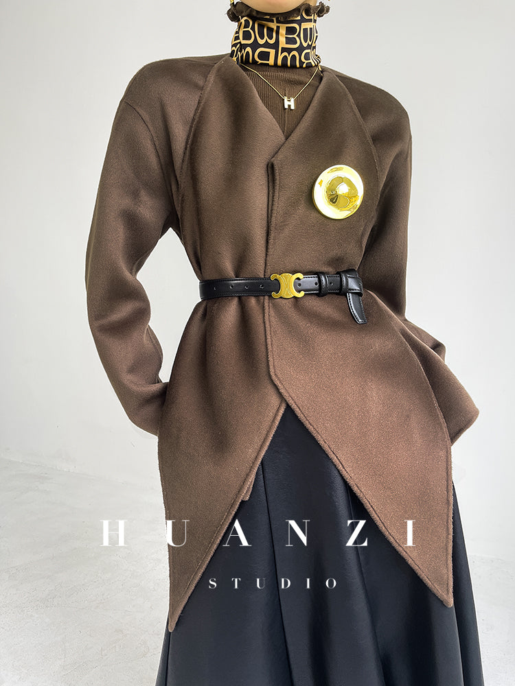 Huanzi wool tweed autumn  winter short cashmere double-sided coat - Talfy