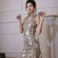 DOLLY Elegant Retro Sliver Gold Deep V-Neck Sleeveless Flower Long Cocktail Dress- Nisa