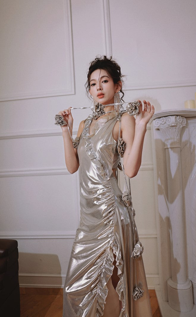 DOLLY Elegant Retro Sliver Gold Deep V-Neck Sleeveless Flower Long Cocktail Dress- Nisa