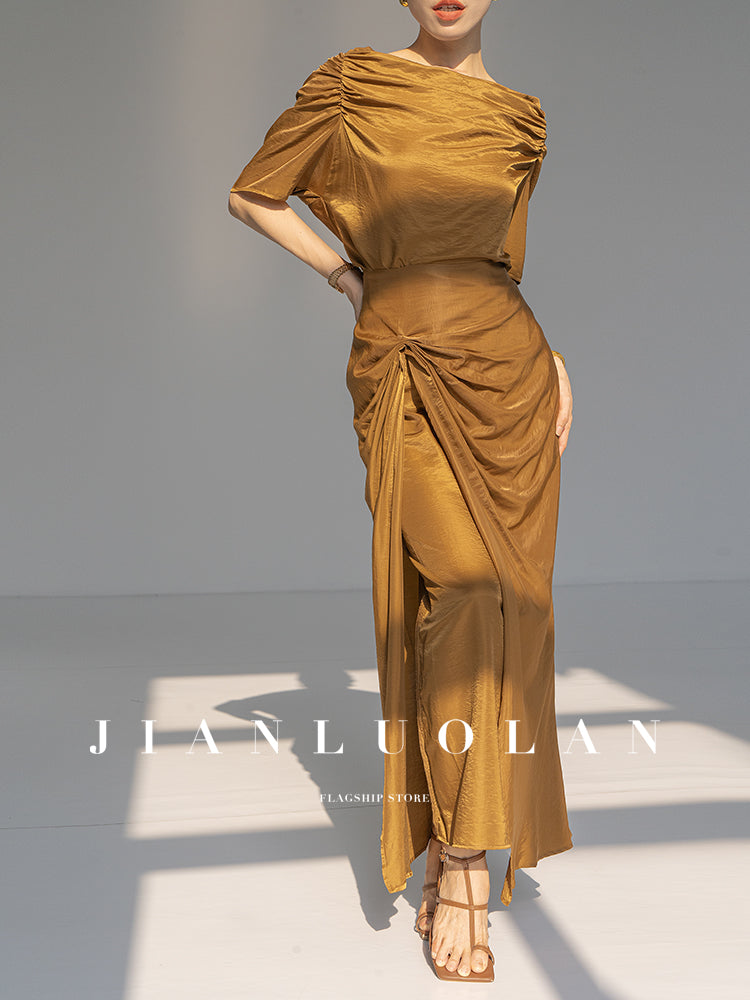 Huanzi custom pleated short-sleeved top + high-waisted heavy kneaded pleated shape split skirt suit