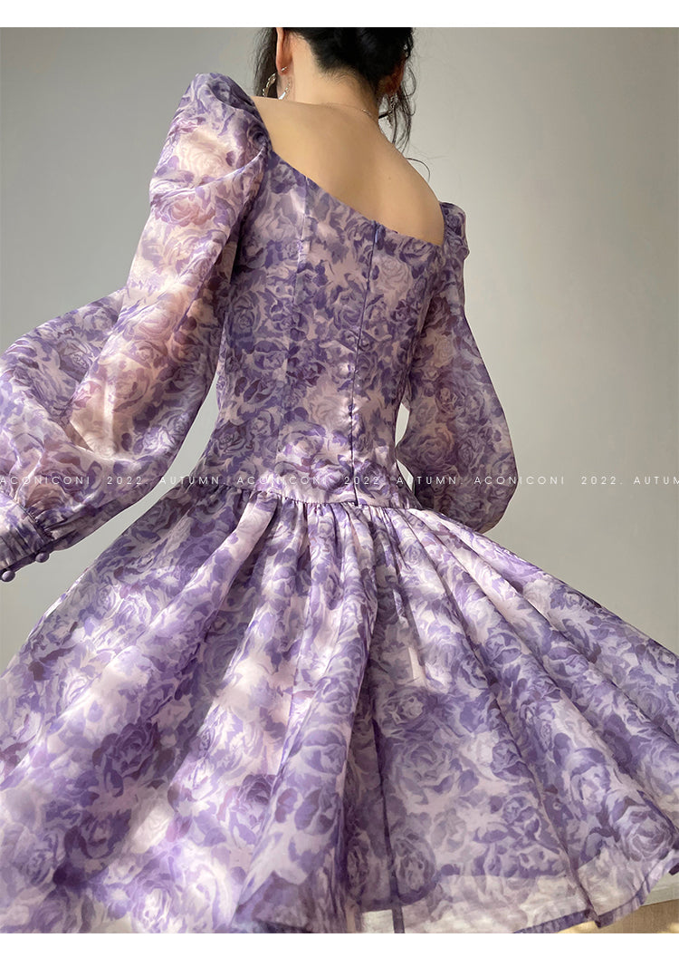 Aconiconi Square Collar Long Sleeve Tea Dress- Amethyst Water