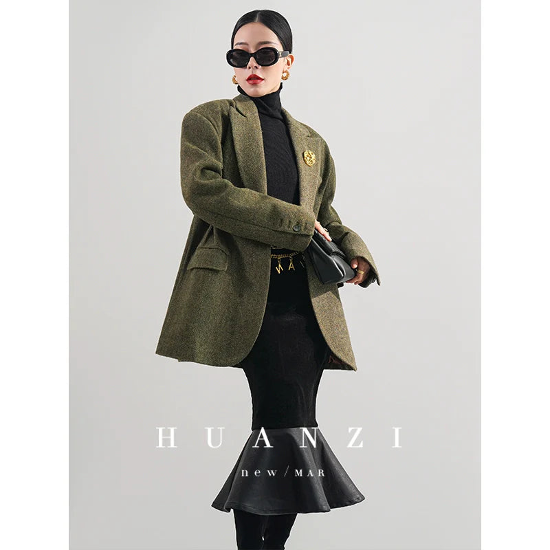 Huanzi high-end retro autumn and winter 100% wool waist suit jacket - Cassie