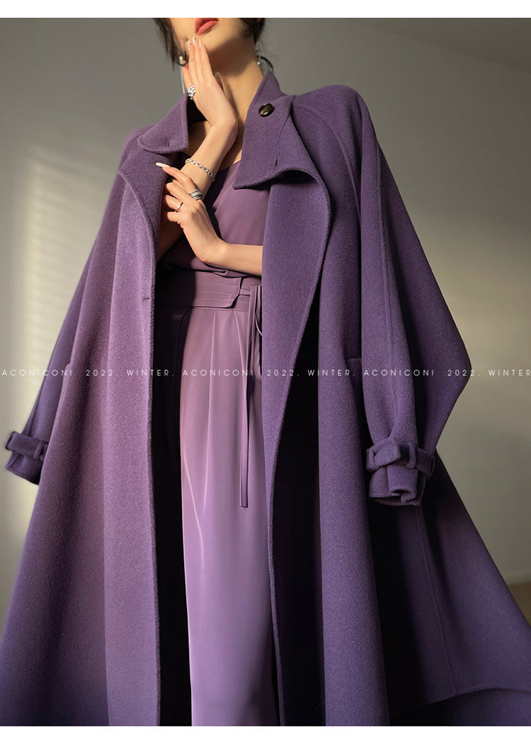 Aconiconi Autumn purple tan double-sided heavy wool cloak jacket long coat - Maple