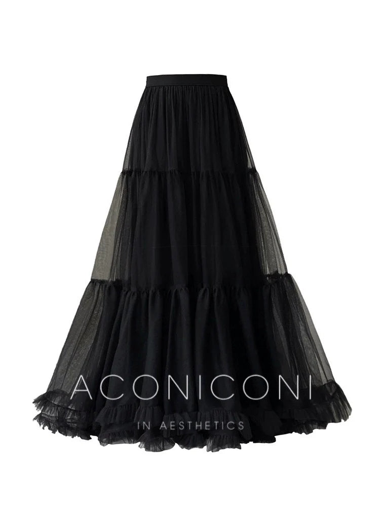 Aconiconi Elegant High Waist Ruffle Mesh Princess Long midi layered Skirt- Quiet Shadow Quicksand