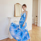 DOLLY Elegant Blue Sleeveless Printed Halter Neck Chiffon Long Resort Dress-HARRIET