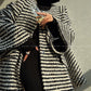 Aconiconi Elegant Black And White Stripe Long Sleeve Long Wool Coat- Quiet Night Flowing Light