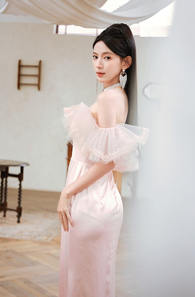 DOLLY Elegant Pastel pink Ruffle Sleeves Long Party Dress- Mina