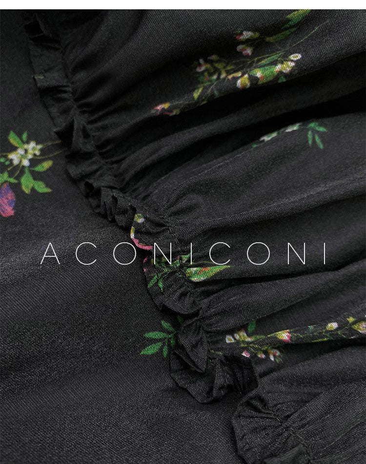 Aconiconi Luxury Black Retro Floral Print V-Neck Slim Waist Midi Cocktail Dress- Dark Fragrance