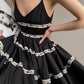 Aconiconi Elegant Black V-Neck Sleeveless Midi Tutu Chic Dress- Rainy Night in Paris