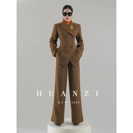 Huanzi  worsted wool high-end vintage British women's autumn winter blazer - Tiwe