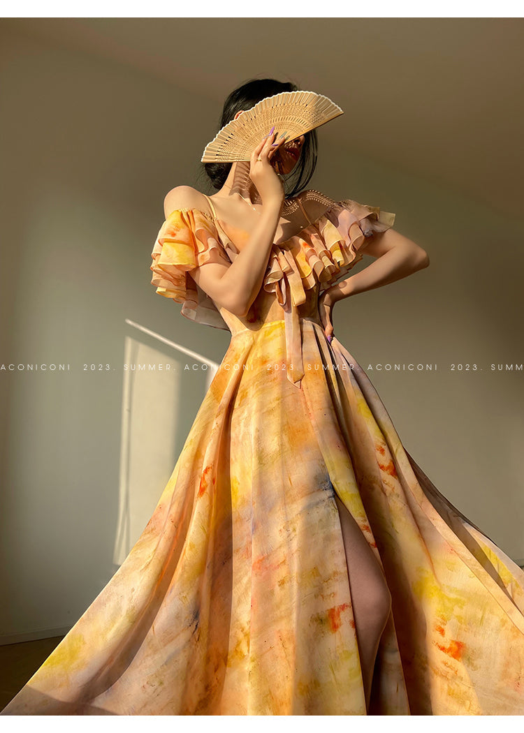 Aconiconi Elegant Oil Painting Square Collar Ruffle cocktail Dress- Floating Light Painting Summer