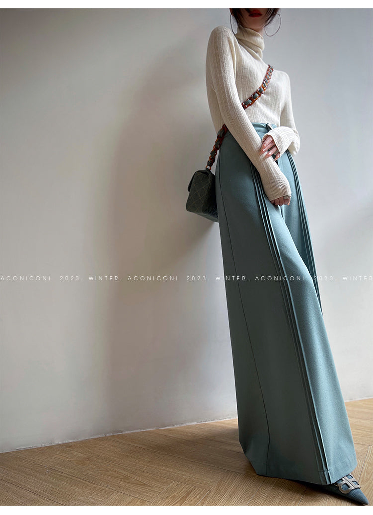 Aconiconi Elegant Black Sea Blue wide leg Long Chic Pants- Black Tea Salt Lake