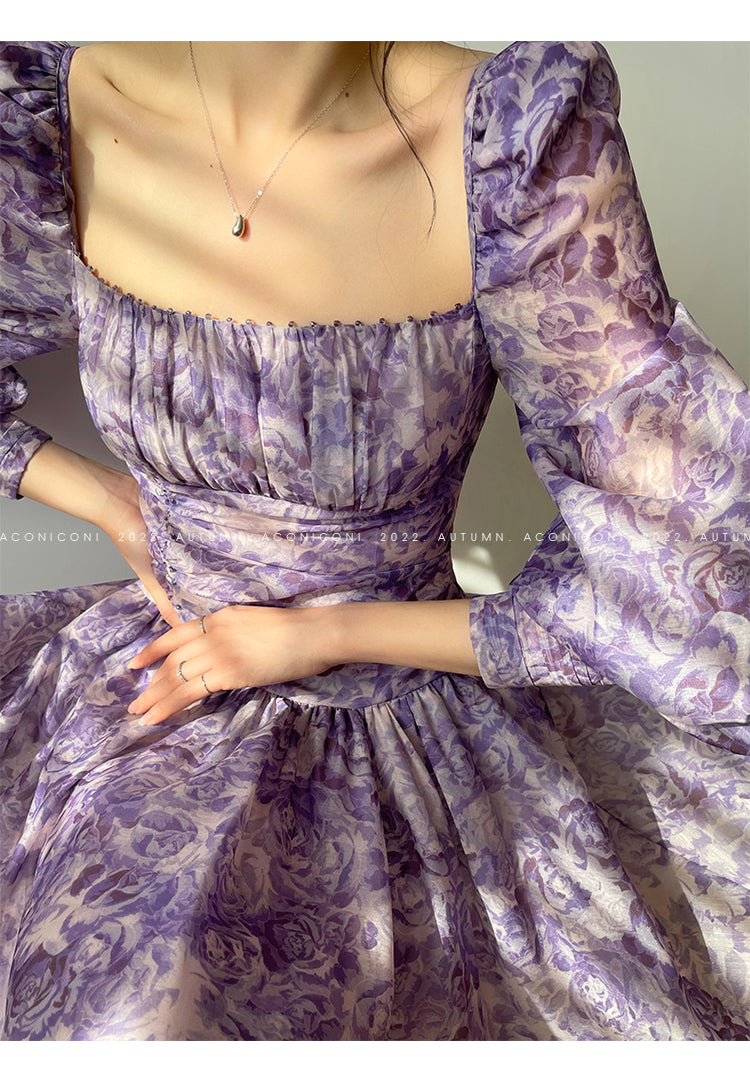 Aconiconi Square Collar Long Sleeve Tea Dress- Amethyst Water