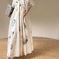 Aconiconi Elegant  Retro Floral Print V-Neck Short Sleeve Holiday Long Dress-Tingting Qingyao