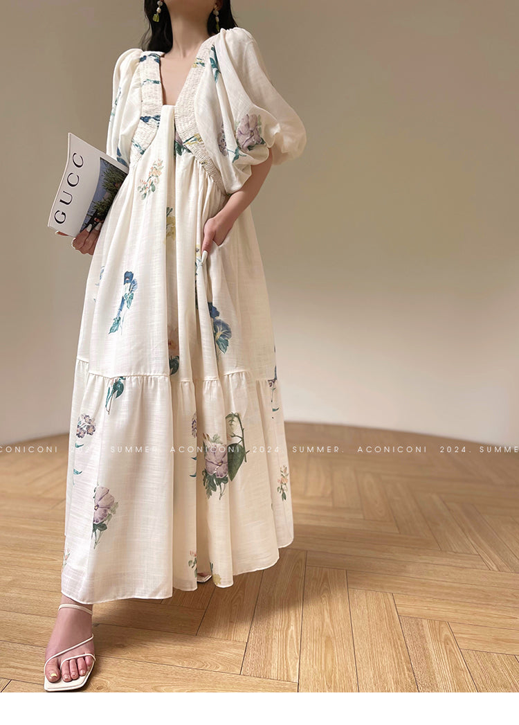 Aconiconi Elegant  Retro Floral Print V-Neck Short Sleeve Holiday Long Dress-Tingting Qingyao