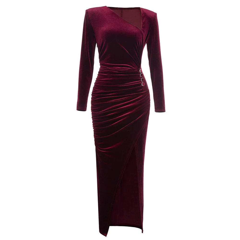 DOLLY Elegant Burgundy V-Neck Long Sleeve Velvet Long Slit Formal Dinner Dress-HAZEL