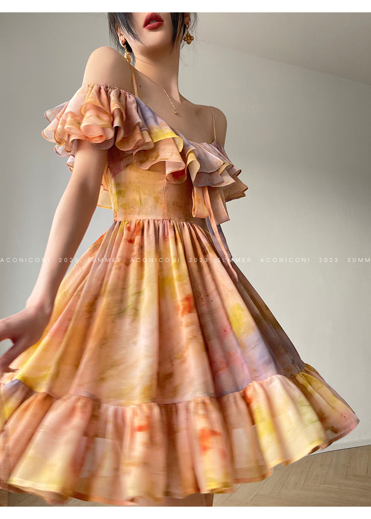 Aconiconi Elegant Oil Painting Square Collar Ruffle cocktail Dress- Floating Light Painting Summer