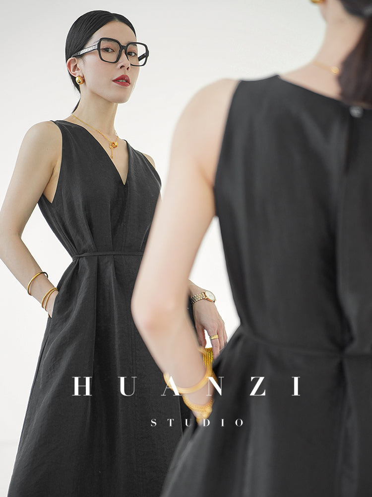 Huanzi custom high-end long sleeveless V-neck dress summer - Miel