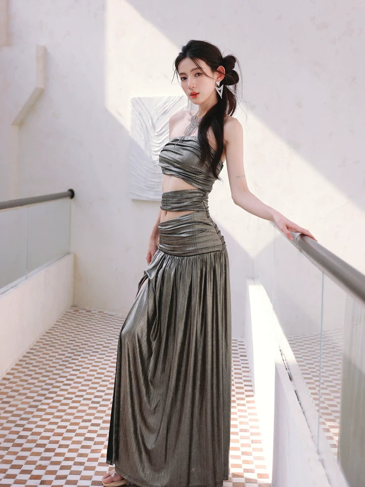 DOLLY Elegant Metallic Gray Skin Revealing Tube Top Long Dinner Dress-NIKITA