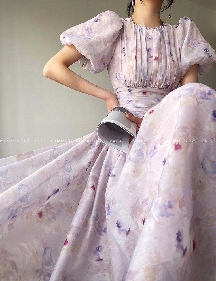 Aconiconi Luxury French Lilac Short Puff Sleeves Dress- Butterfly Dancing Firefly