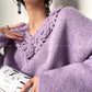 Aconiconi|Purple Flower Crochet openwork long cropped loose wool knit sweater  dress - Twilight