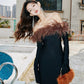 DOLLY High End Black Off Shoulder Long Sleeve Brown Feather Tube Top Dress-ADINA