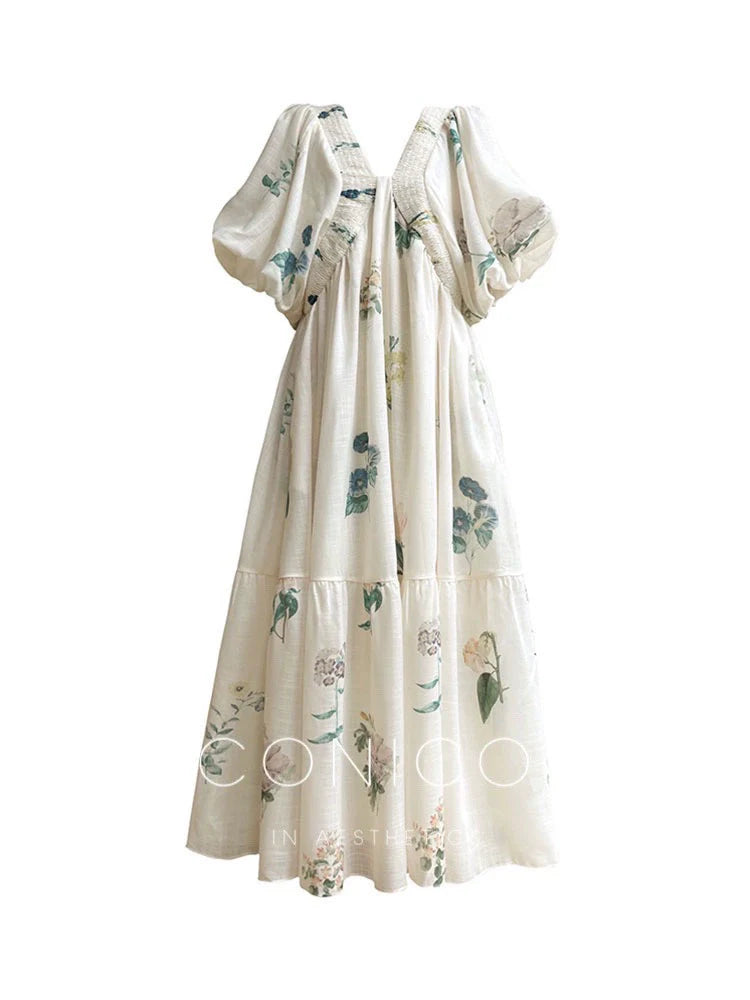 Aconiconi Elegant  Retro Floral Print V-Neck Short Sleeve Holiday Long Dress-Tingting Qingyao