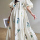 Aconiconi Elegant  Retro Floral Print V-Neck Short Sleeve Holiday Long Dress-Tingting Qingyao