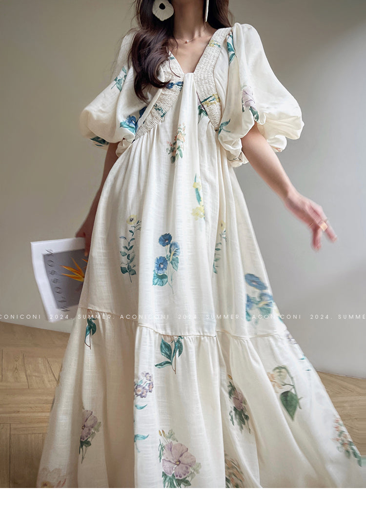 Aconiconi Elegant  Retro Floral Print V-Neck Short Sleeve Holiday Long Dress-Tingting Qingyao