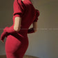 Cream milk red knitted puff sleeve sweater dress-  Mousse Milk Puff