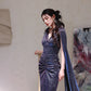 DOLLY Elegant Blue Gray Deep V-Neck Sleeveless Slim Fit Shawl Dinner Dress-KRISTI