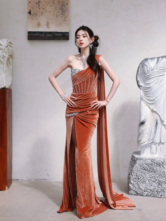 DOLLY Luxury Brown Velvet Greek Style Long Slit Banquet Dress-KARA