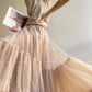 Aconiconi Elegant High Waist Ruffle Mesh Princess Long midi layered Skirt- Quiet Shadow Quicksand