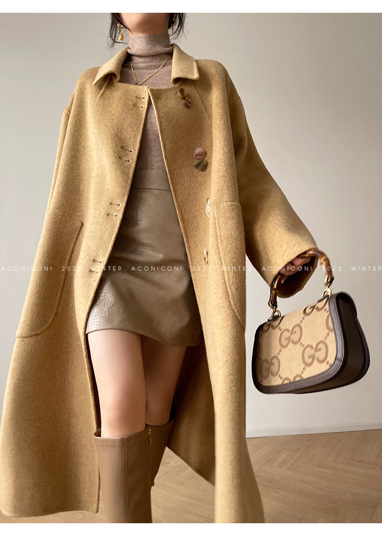 Aconiconi Caramel Tan Full Wool Double-Sided Tweed Women's Winter Couture Minimalist Long Coat- Cook