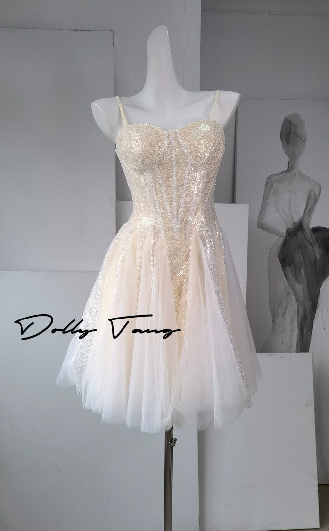 DOLLY Elegant Off White Sleeveless Sequin Long Wedding Guest Dress-Star