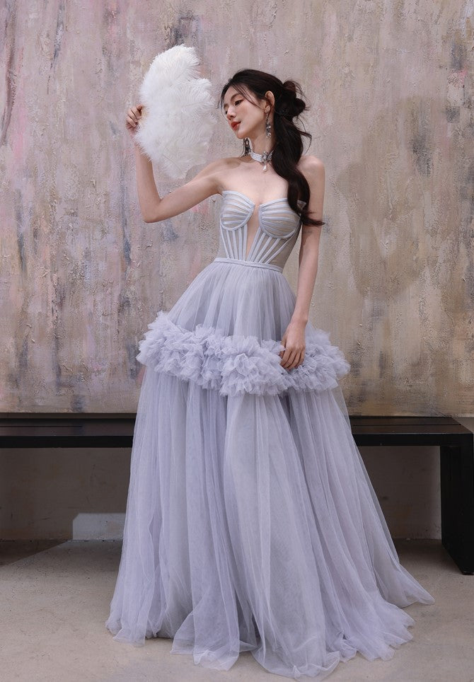 DOLLY Elegant Fog Blue strapless Bandeau High Waist Tutu wedding Dress- vero