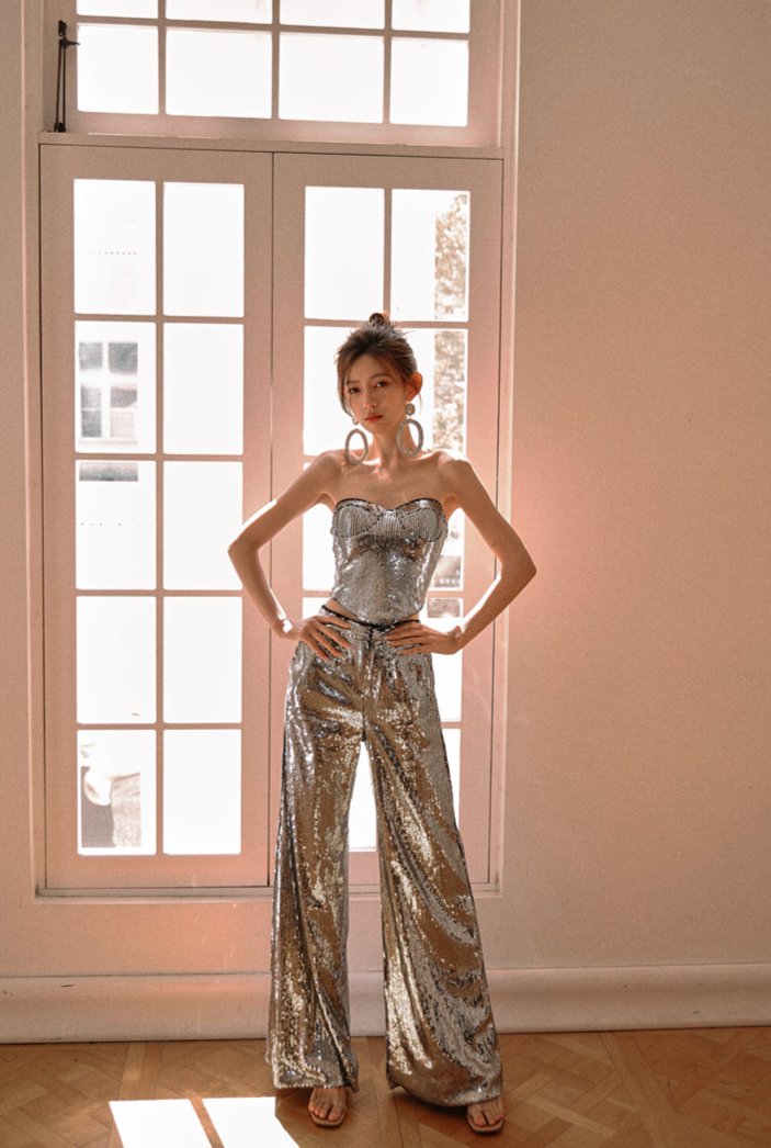 DOLLY Luxury strapless Sequin Top + Long Sequin High Waist Flare Pants suit setpantpa-THEA