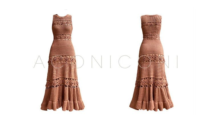 Aconiconi Elegant Brown Sleeveless 100% cotton Crochet Knitted Long midi Dress - Alice Dream