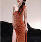 DOLLY Luxury Brown Velvet Greek Style Long Slit Banquet Dress-KARA