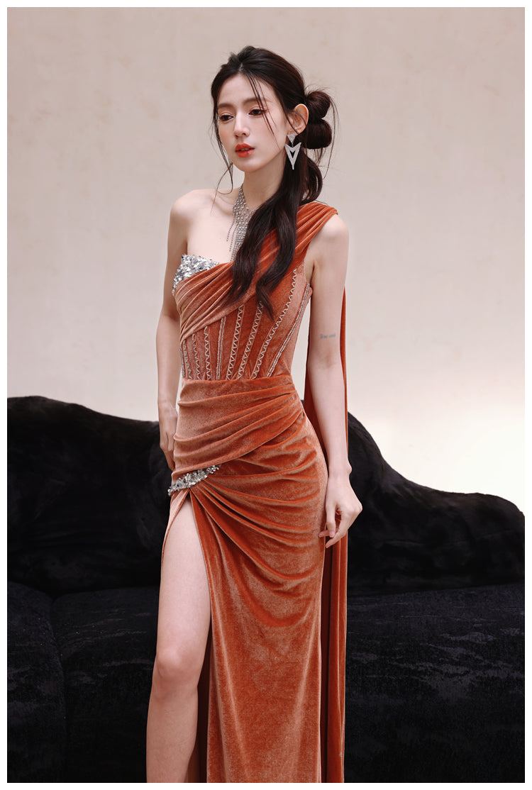 DOLLY Luxury Brown Velvet Greek Style Long Slit Banquet Dress-KARA