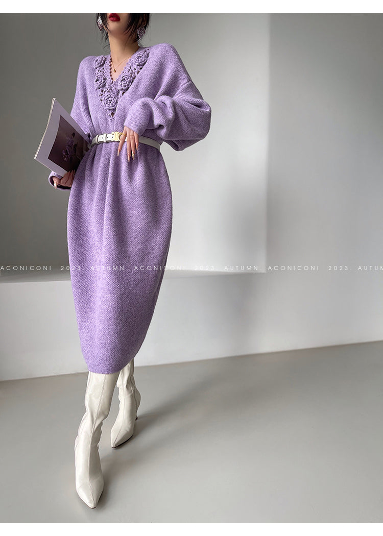 Aconiconi|Purple Flower Crochet openwork long cropped loose wool knit sweater  dress - Twilight
