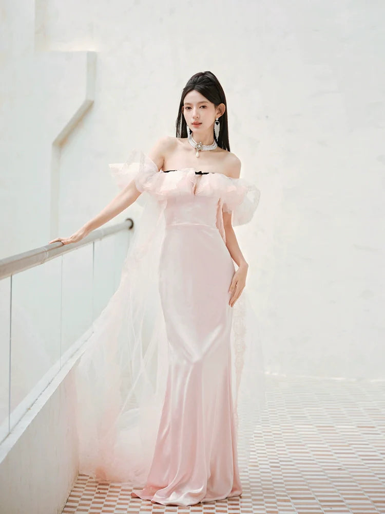 DOLLY Elegant Pastel pink Ruffle Sleeves Long Party Dress- Mina