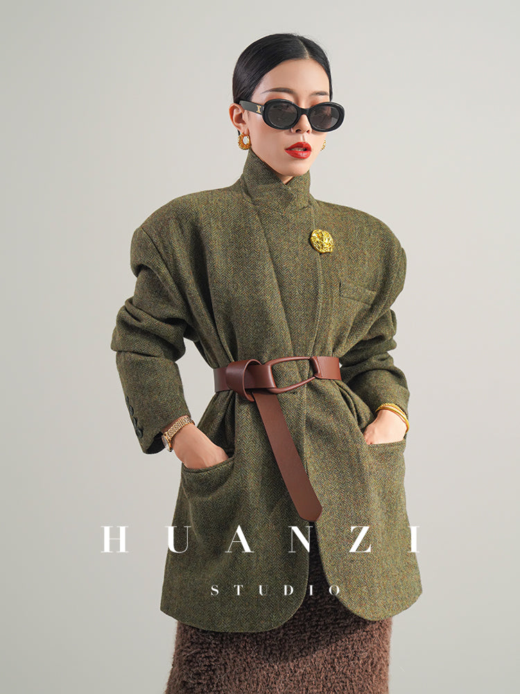 Huanzi high-end retro autumn and winter 100% wool waist suit jacket - Cassie