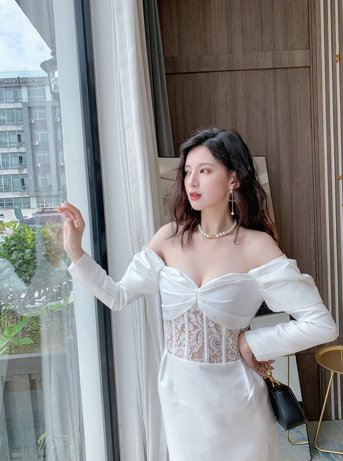 DOLLY Luxury French Style Off Shoulder Long Sleeve Corset Dress-JOLIE M / White DOLLY Luxury French Style Off Shoulder Long Sleeve Corset Dress-JOLIE M / White
